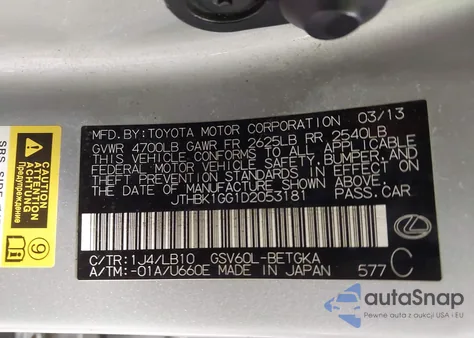 2013 Lexus Es 350 z USA, uszkodzony, nr VIN JTHBK1GG1D2053181